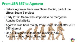 From JSR 357 to Agorava
     • Before Agorava there was Seam Social, part of the
       JBoss Seam 3 project
     • Early 2012, Seam was stopped to be merged in
       Apache DeltaSpike
     • Agorava was born mainly from Seam Social after JSR
       357 attempt
     • One of it’s goals is to be the missing POC
       for a new Java Social Standard
35
 