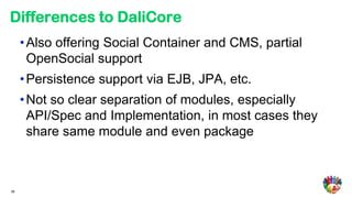 Differences to DaliCore
     • Also offering Social Container and CMS, partial
       OpenSocial support
     • Persistence support via EJB, JPA, etc.
     • Not so clear separation of modules, especially
       API/Spec and Implementation, in most cases they
       share same module and even package


                                                         49

38
 