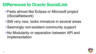 Differences to Oracle SocialLink
     • Feels almost like Eclipse or Microsoft project
       (ISocialNetwork)
     • Still very new, looks immature in several areas
     • Seemingly non-existent community support
     • No Modularity or separation between API and
       Implementation


                                                         50

40
 