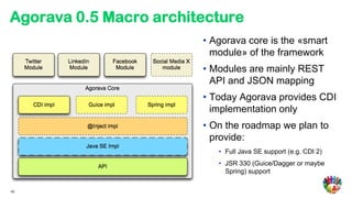 Agorava 0.5 Macro architecture
                        • Agorava core is the «smart
                          module» of the framework
                        • Modules are mainly REST
                          API and JSON mapping
                        • Today Agorava provides CDI
                          implementation only
                        • On the roadmap we plan to
                          provide:
                           • Full Java SE support (e.g. CDI 2)
                           • JSR 330 (Guice/Dagger or maybe
                             Spring) support

42
 