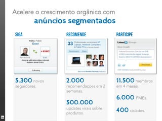 Acelere o crescimento orgânico com
         anúncios segmentados
Siga             Recomende              Participe




5.300 novos      2.000                  11.500 membros
seguidores.      recomendações em 2     em 4 meses.
                 semanas.
                                        6.000 PMEs.
                 500.000
                 updates virais sobre
                 produtos.
                                        400 cidades.
                                                         39
 
