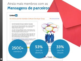 Atraia mais membros com as
Mensagens de parceiros




  2500+          53%         33%
                 taxa de     taxa de
   membros
                 abertura    cliques


                                       41
 