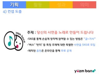 기획
4) 컨셉 도출

주제 : 당신의 사연을 노래로 만들어 드립니다
-SNS를 통해 손쉽게 창작에 참여할 수 있는 방법은 “글=가사”
-‘버스’ ‘반지’ 등 특정 주제에 대한 특별한 사연을 SNS로 모집
-제작된 음원은 온라인을 통해 무료 공개

 