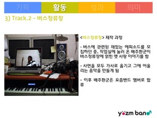 활동
3) Track.2 - 버스정류장

<버스정류장> 제작 과정

- 버스에 관련된 재밌는 에피소드를 모
집하던 중, 작업실에 놀러 온 배주환군이
버스정류장에 얽힌 옛 사랑 이야기를 함
- 사연을 모두 가사로 옮기고 그에 어울
리는 음악을 만들게 됨
- 이후 배주환군은 요즘밴드 멤버로 합
류

 