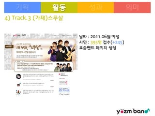활동
4) Track.3 (가제)스무살

날짜 : 2011.06월 예정
사연 : 395명 접수(+245)
요즘밴드 페이지 생성

 