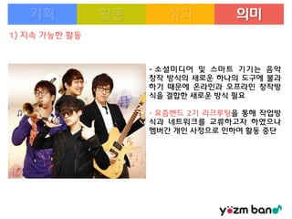 의미
1) 지속 가능한 활동

- 소셜미디어 및 스마트 기기는 음악
창작 방식의 새로운 하나의 도구에 불과
하기 때문에 온라인과 오프라인 창작방
식을 결합한 새로운 방식 필요
- 요즘밴드 2기 리크루팅을 통해 작업방
식과 네트워크를 교류하고자 하였으나
멤버간 개인 사정으로 인하여 활동 중단

 