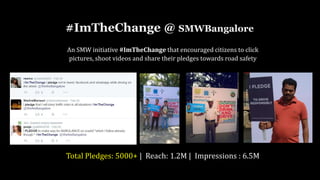 #ImTheChange @ SMWBangalore
Total Pledges: 5000+ | Reach: 1.2M | Impressions : 6.5M
An SMW initiative #ImTheChange that encouraged citizens to click
pictures, shoot videos and share their pledges towards road safety
 