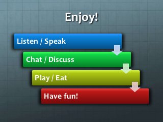 Enjoy!
Listen / Speak

  Chat / Discuss

     Play / Eat

       Have fun!
 