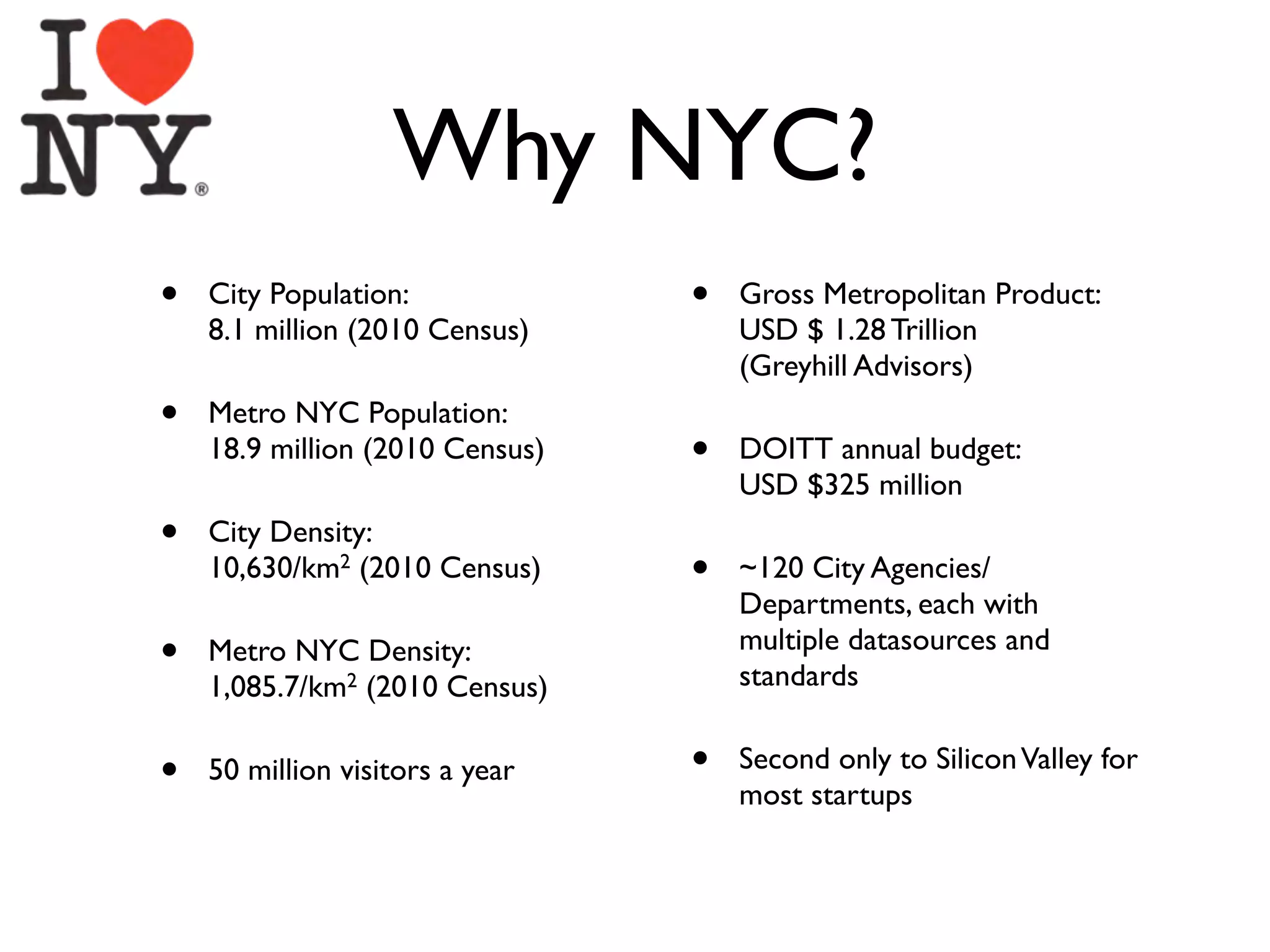 Why NYC?
•   City Population:             •   Gross Metropolitan Product:
    8.1 million (2010 Census)        USD $ 1.28 Trillion
                                     (Greyhill Advisors)
•   Metro NYC Population:
    18.9 million (2010 Census)   •   DOITT annual budget:
                                     USD $325 million
•   City Density:
    10,630/km2 (2010 Census)     •   ~120 City Agencies/
                                     Departments, each with
•   Metro NYC Density:               multiple datasources and
                                     standards
    1,085.7/km2 (2010 Census)

•   50 million visitors a year   •   Second only to Silicon Valley for
                                     most startups
 