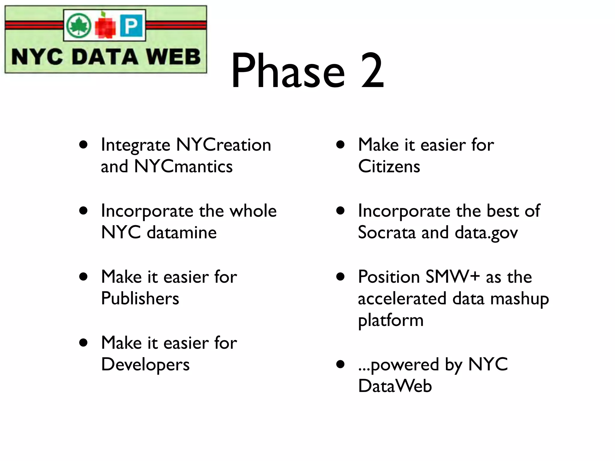 Phase 2
•   Integrate NYCreation    •   Make it easier for
    and NYCmantics              Citizens

•   Incorporate the whole   •   Incorporate the best of
    NYC datamine                Socrata and data.gov

•   Make it easier for      •   Position SMW+ as the
    Publishers                  accelerated data mashup
                                platform
•   Make it easier for
    Developers              •   ...powered by NYC
                                DataWeb
 