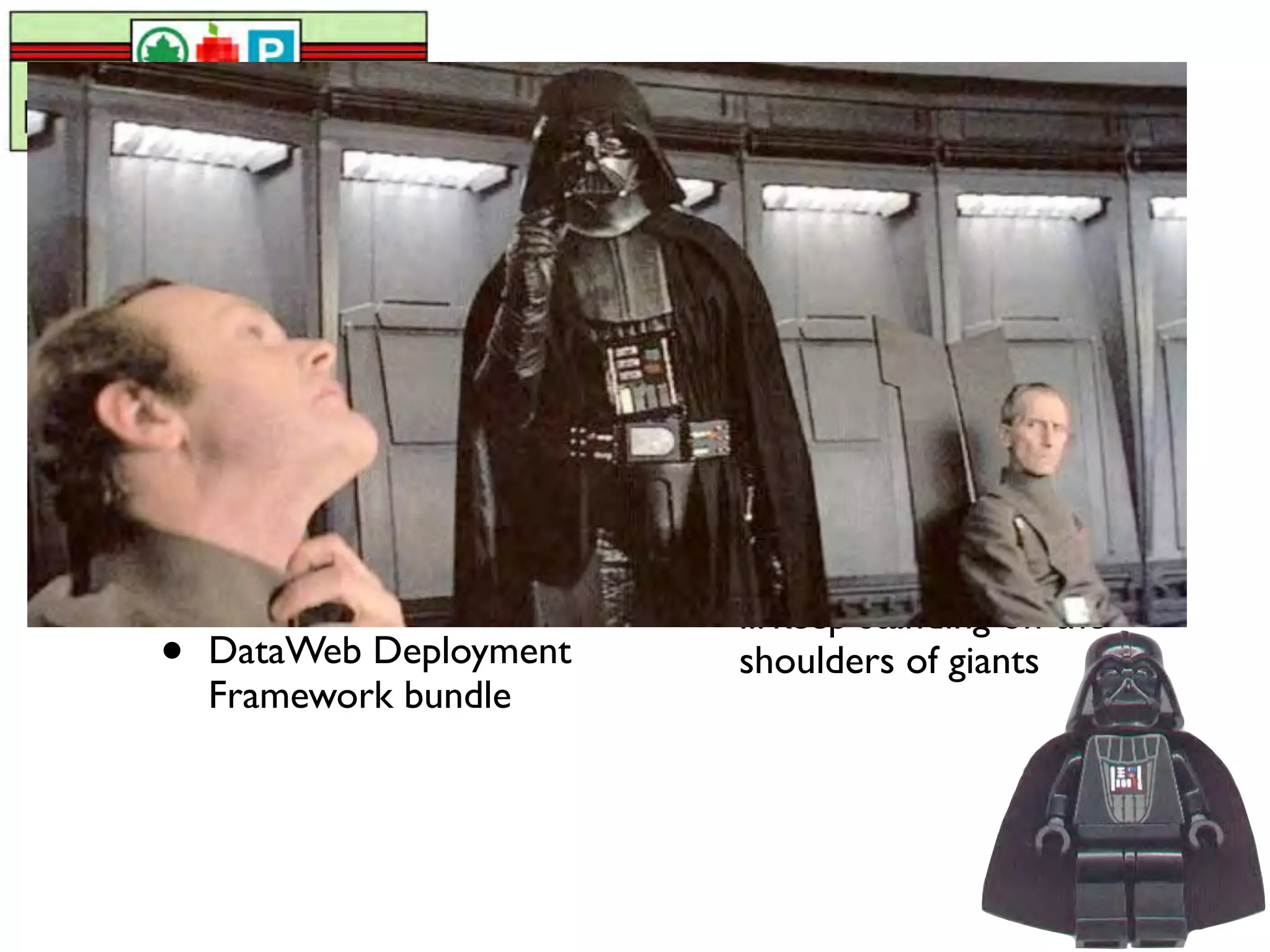 Phase 3
•   Open-source                   •   Make it easier STILL for
    collaboration with                Publishers, Developers
    Revelytix                         and Citizens
    (more info at SemTech 2011)

                                  •   Widespread adoption of
•   <Your city here>                  SMW/SMW+
    DataWeb
                                  •   ... keep standing on the
•   DataWeb Deployment                shoulders of giants
    Framework bundle
 