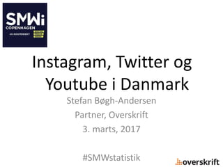Instagram, Twitter og
Youtube i Danmark
Stefan Bøgh-Andersen
Partner, Overskrift
3. marts, 2017
#SMWstatistik
 