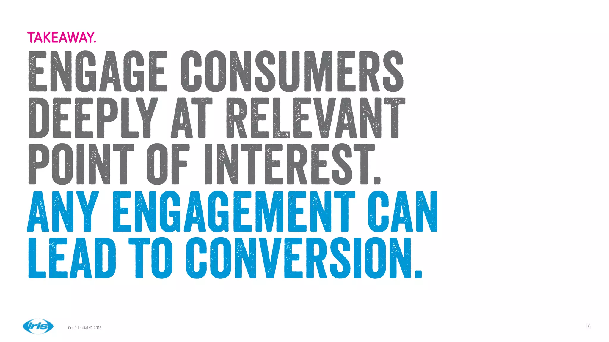 14
14
Conﬁdential © 2016
Engage consumers
deeply at RELEVANT
point of interest.
Any engagement can
lead to conversion.
TAKEAWAY.
 