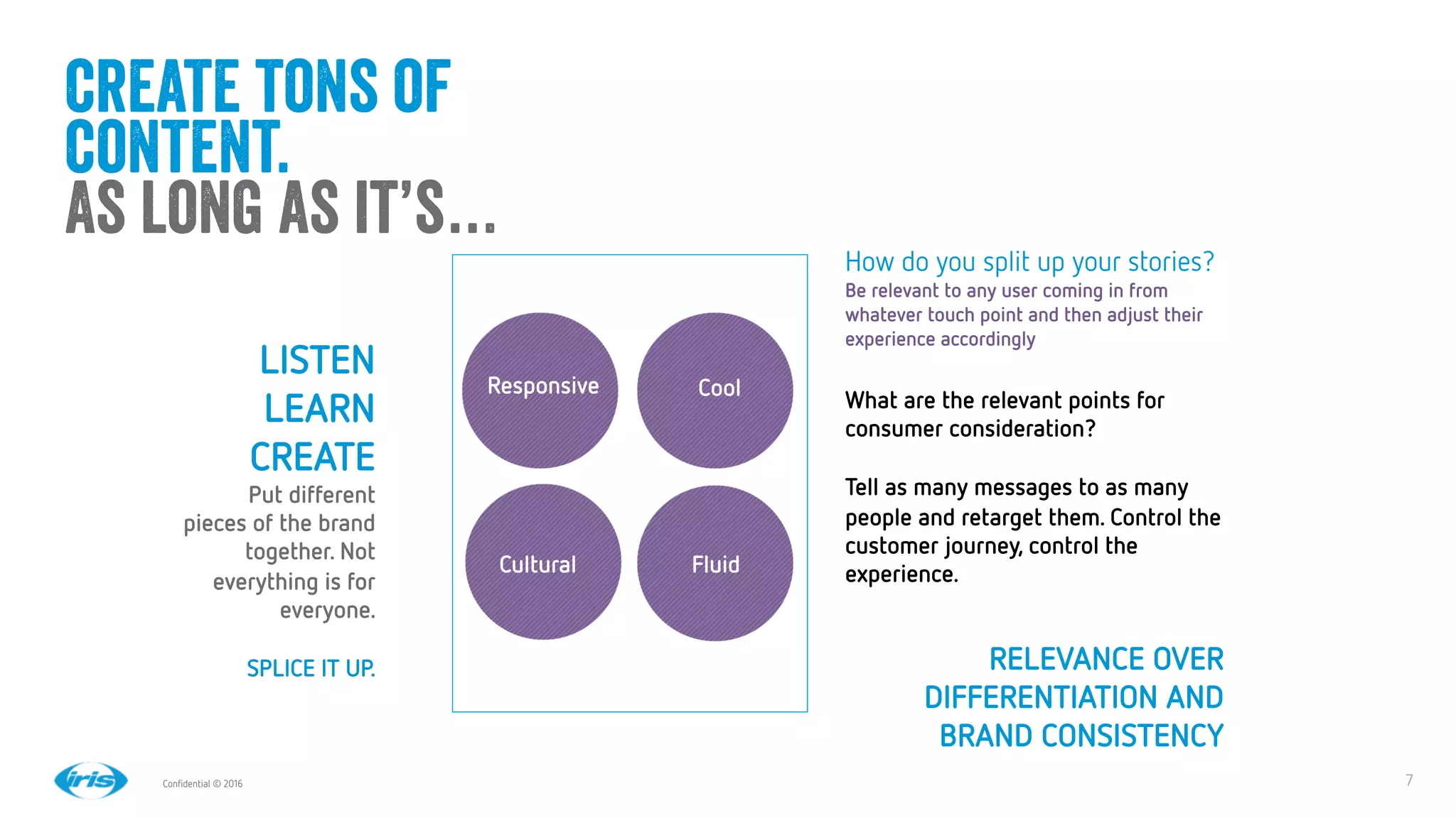 7
7
Conﬁdential © 2016
create tons of
content.
As long as it’s… 
How do you split up your stories?
Be relevant to any user coming in from
whatever touch point and then adjust their
experience accordingly

What are the relevant points for
consumer consideration?

Tell as many messages to as many
people and retarget them. Control the
customer journey, control the
experience. 


Responsive 
Cultural
Cool
Fluid
LISTEN
LEARN
CREATE
Put different
pieces of the brand
together. Not
everything is for
everyone.

SPLICE IT UP.
 RELEVANCE OVER 
DIFFERENTIATION AND
BRAND CONSISTENCY 
 