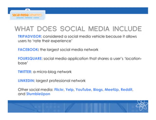 WHAT DOES SOCIAL MEDIA INCLUDE
TRIPADVISOR: considered a social media vehicle because it allows
users to ‘rate their experience’

FACEBOOK: the largest social media network

FOURSQUARE: social media application that shares a user’s ‘location-
base’

TWITTER: a micro-blog network

LINKEDIN: largest professional network

Other social media: Flickr, Yelp, YouTube, Blogs, MeetUp, Reddit,
and StumbleUpon
 