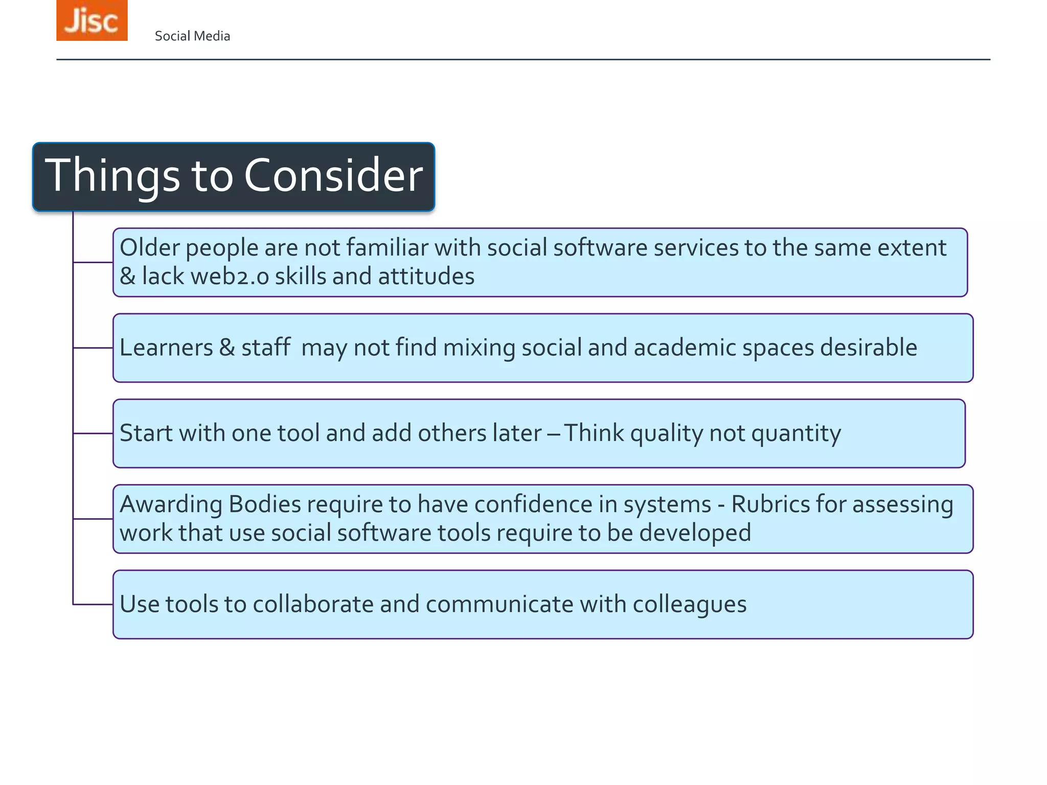 Social Media

Things to Consider
Older people are not familiar with social software services to the same extent
& lack web2.0 skills and attitudes

Learners & staff may not find mixing social and academic spaces desirable
Start with one tool and add others later – Think quality not quantity
Awarding Bodies require to have confidence in systems - Rubrics for assessing
work that use social software tools require to be developed
Use tools to collaborate and communicate with colleagues

 