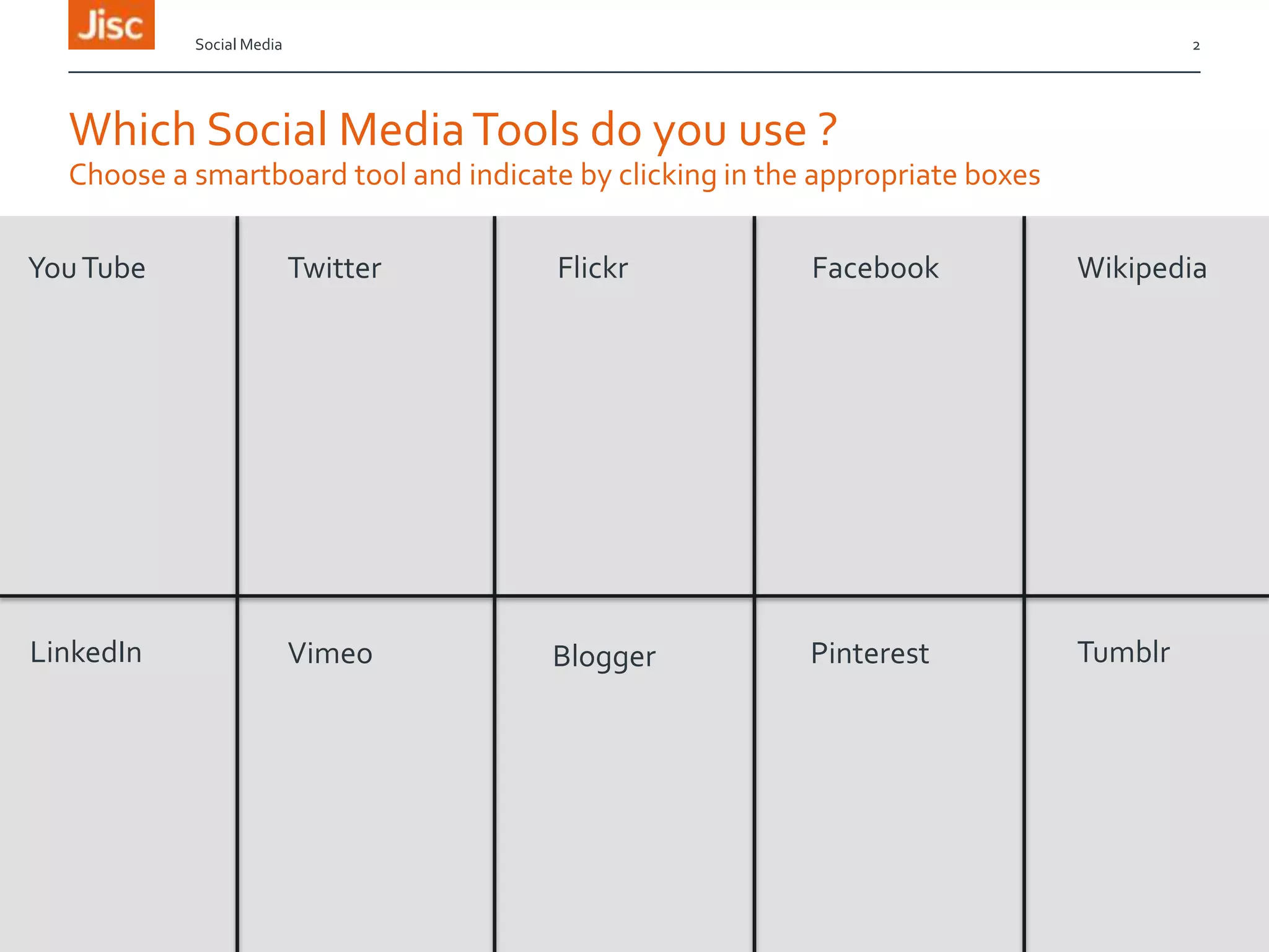 Social Media

2

Which Social Media Tools do you use ?
Choose a smartboard tool and indicate by clicking in the appropriate boxes
You Tube

Twitter

Flickr

Facebook

Wikipedia

LinkedIn

Vimeo

Blogger

Pinterest

Tumblr

 