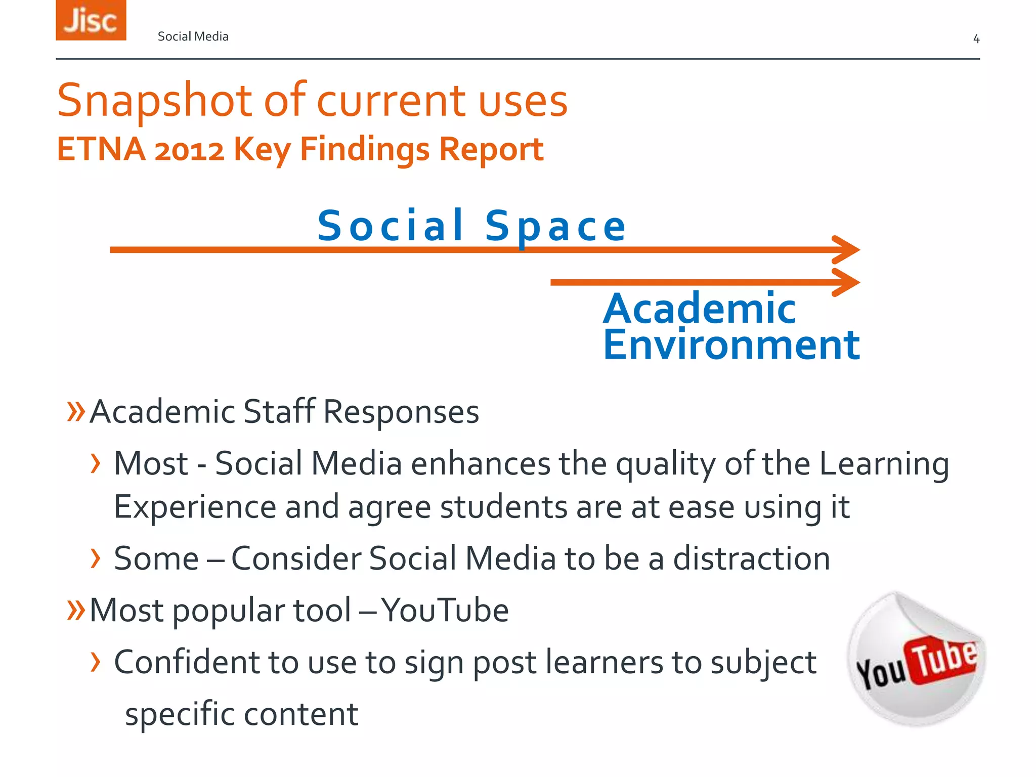 Social Media

4

Snapshot of current uses
ETNA 2012 Key Findings Report

Social Space
Academic
Environment
»Academic Staff Responses
› Most - Social Media enhances the quality of the Learning
Experience and agree students are at ease using it
› Some – Consider Social Media to be a distraction
»Most popular tool –YouTube
› Confident to use to sign post learners to subject
specific content

 