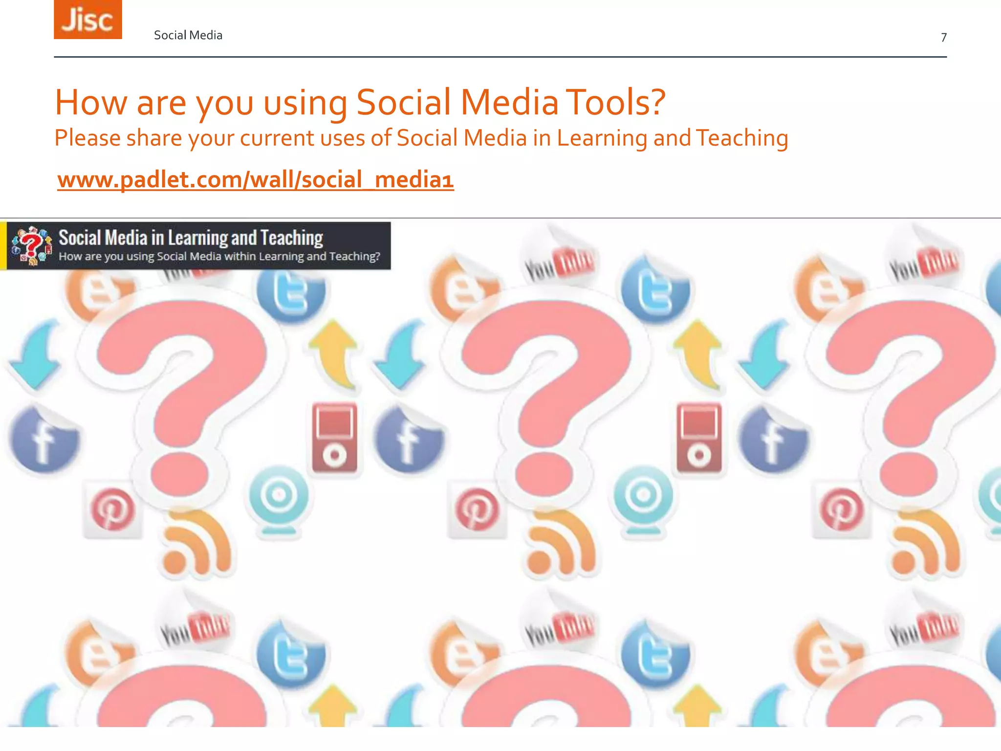 Social Media

How are you using Social Media Tools?
Please share your current uses of Social Media in Learning and Teaching
www.padlet.com/wall/social_media1

7

 
