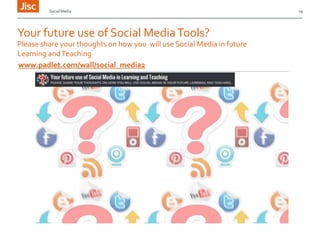 Social Media

Your future use of Social Media Tools?
Please share your thoughts on how you will use Social Media in future
Learning and Teaching
www.padlet.com/wall/social_media2

19

 