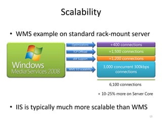 Windows Media Services 2003 
Scalability 
• WMS example on standard rack-mount server 
+400 connections 
+1,500 connections 
+1,200 connections 
3,000 concurrent 300kbps 
connections 
Optimizations 
TCP Offload 
x64 Support 
WMS 9.0 scalability 
6,100 connections 
+ 10-25% more on Server Core 
• IIS is typically much more scalable than WMS 
13 
 