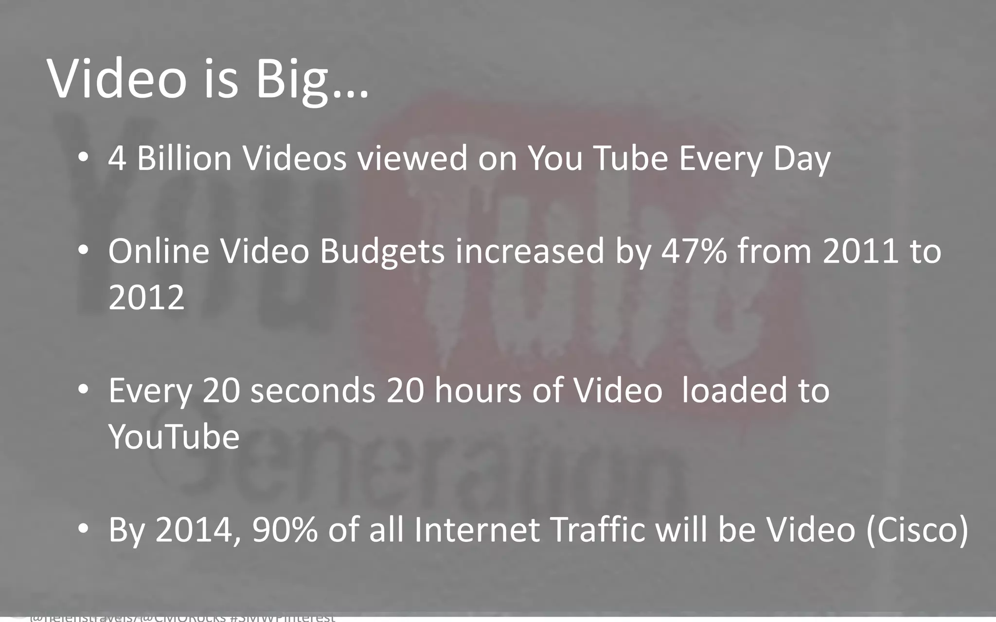 Video is Big…
 • 4 Billion Videos viewed on You Tube Every Day

 • Online Video Budgets increased by 47% from 2011 to
   2012

 • Every 20 seconds 20 hours of Video loaded to
   YouTube

 • By 2014, 90% of all Internet Traffic will be Video (Cisco)
 