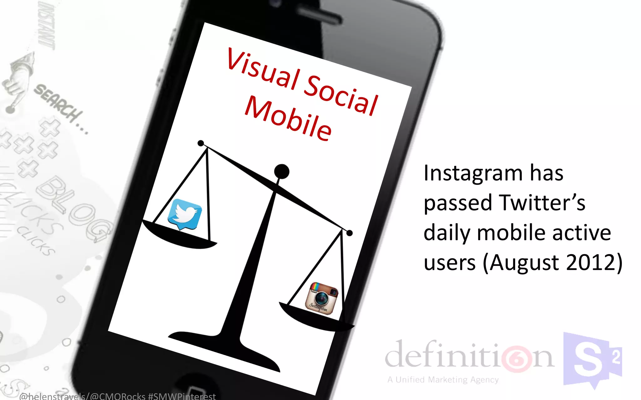 Instagram has
passed Twitter’s
daily mobile active
users (August 2012)
 