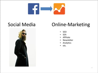 Social	
  Media

Online-­‐Marketing
•
•
•
•
•
•

SEO	
  
SEA	
  
Affiliate	
  
Newsletter	
  
Analytics	
  
etc.

19


 