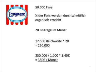 50.000	
  Fans
¼	
  der	
  Fans	
  werden	
  durchschnittlich	
  
organisch	
  erreicht
20	
  Beiträge	
  im	
  Monat
12.500	
  Reichweite	
  *	
  20	
  
=	
  250.000
250.000	
  /	
  1.000	
  *	
  1.40€	
  
=	
  350€	
  /	
  Monat
34


 