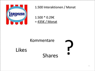 1.500	
  Interaktionen	
  /	
  Monat
1.500	
  *	
  0.29€	
  
=	
  435€	
  /	
  Monat

Kommentare

Likes

Shares

?
36


 