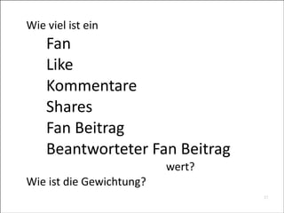 Wie	
  viel	
  ist	
  ein	
  

	
  
	
  
	
  
	
  
	
  
	
  

Fan	
  
Like	
  
Kommentare	
  
Shares	
  
Fan	
  Beitrag	
  
Beantworteter	
  Fan	
  Beitrag	
  

	
   	
   	
   	
   	
   	
   	
  
Wie	
  ist	
  die	
  Gewichtung?

wert?	
  
37


 