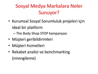 SosyalMedyaMarkalaraNelerSunuyor?Kurumsal Sosyal Sorumluluk projeleri için ideal bir platformThe Body Shop STOP kampanyasıMüşteri geribildirimleriMüşteri hizmetleriRekabet analizi ve benchmarking (nirengileme)