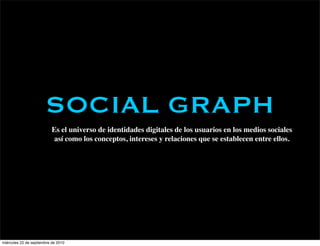 SOCIAL GRAPH
                           Es el universo de identidades digitales de los usuarios en los medios sociales
                            así como los conceptos, intereses y relaciones que se establecen entre ellos.




miércoles 22 de septiembre de 2010
 