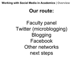 Working with Social Media in Academics | Overview

Our route:
Faculty panel
Twitter (microblogging)
Blogging
Facebook
Other networks
next steps

 