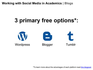 Working with Social Media in Academics | Blogs

3 primary free options*:

Wordpress

Blogger

Tumblr

*To learn more about the advantages of each platform read this blogpost.

 