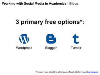 Working with Social Media in Academics | Blogs

3 primary free options*:

Wordpress

Blogger

Tumblr

*To learn more about...