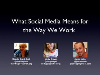What Social Media Means for the Way We Work   Maddie Grant, CAE @maddiegrant [email_address] Lindy Dreyer @lindydreyer [email_address] Jamie Notter @jamienotter [email_address] 