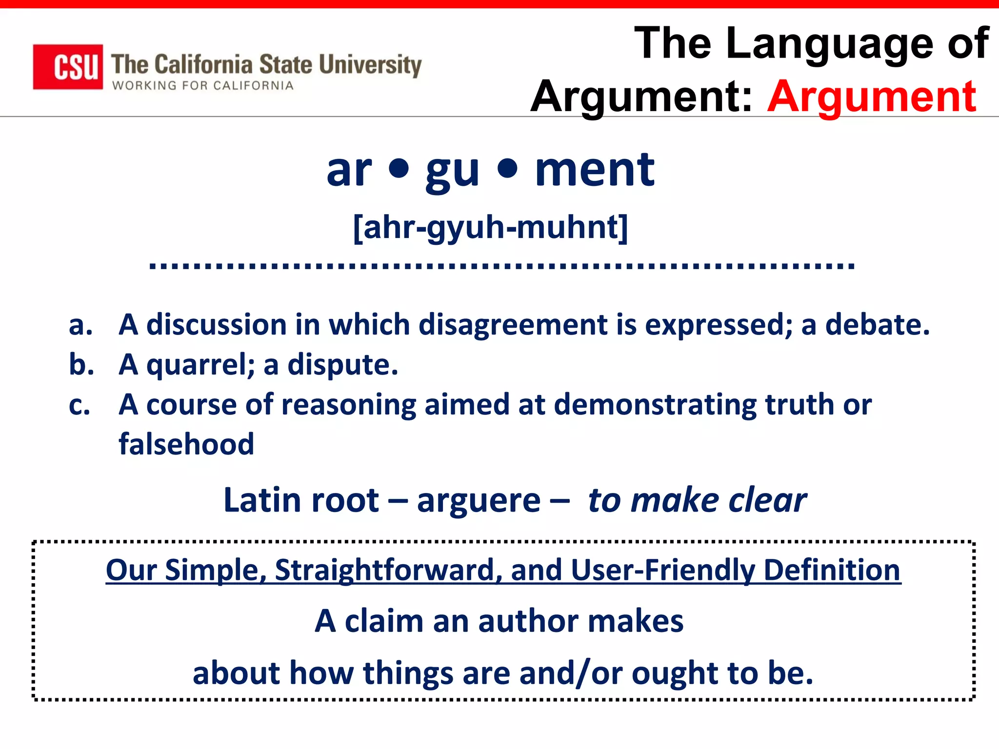 The Language of
Argument: Argument

ar • gu • ment
[ahr-gyuh-muhnt]
a. A discussion in which disagreement is expressed; a debate.
b. A quarrel; a dispute.
c. A course of reasoning aimed at demonstrating truth or
falsehood

Latin root – arguere – to make clear
Our Simple, Straightforward, and User-Friendly Definition

A claim an author makes
about how things are and/or ought to be.

 