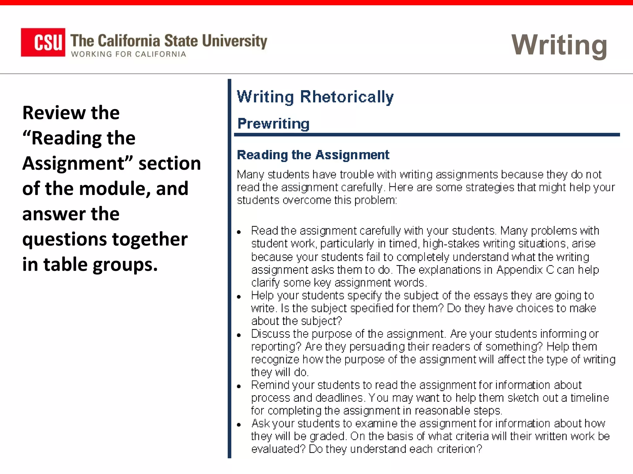 Writing
Review the
“Reading the
Assignment” section
of the module, and
answer the
questions together
in table groups.

55

 