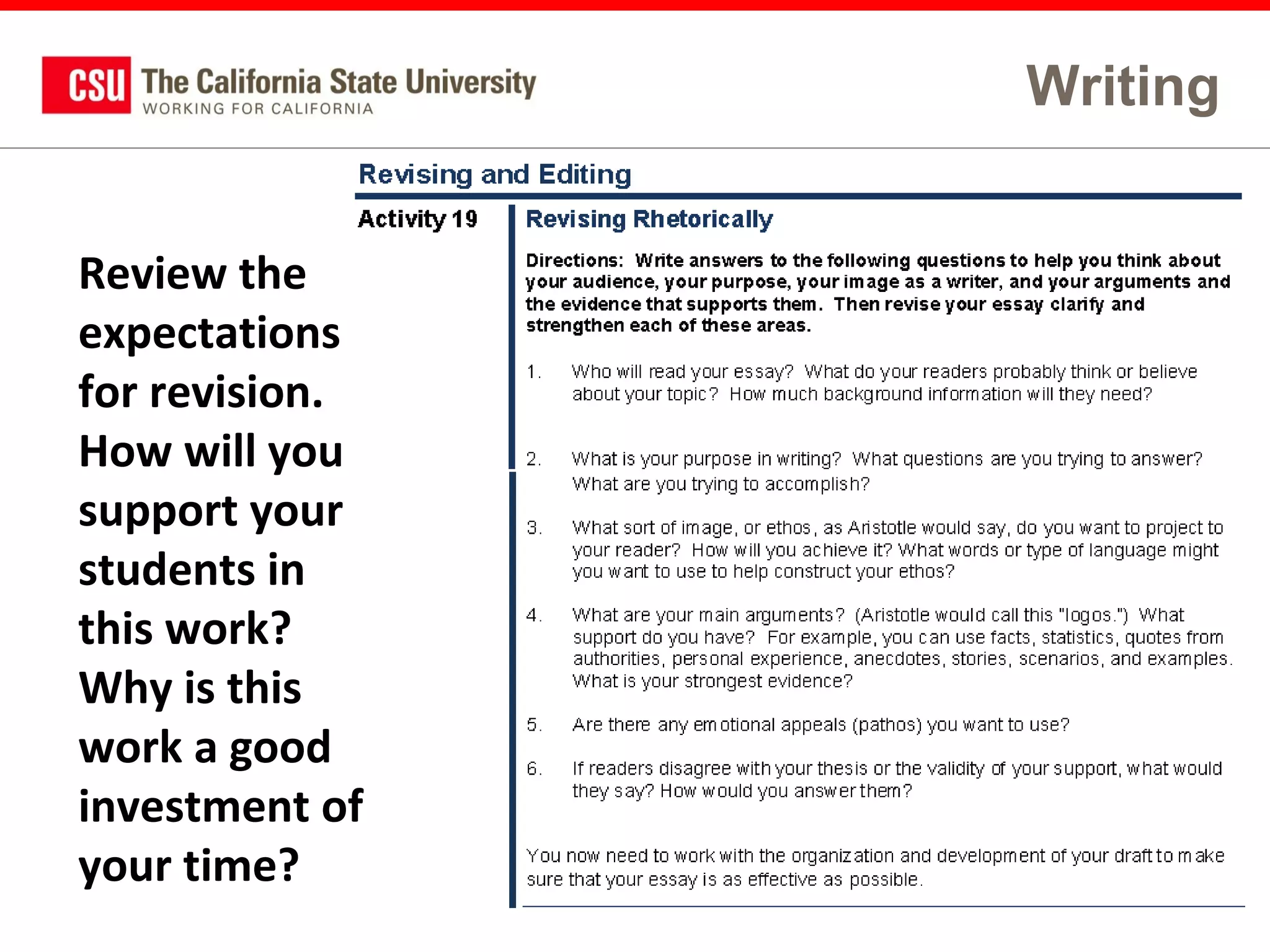 Writing
Review the
expectations
for revision.
How will you
support your
students in
this work?
Why is this
work a good
investment of
your time?

57

 