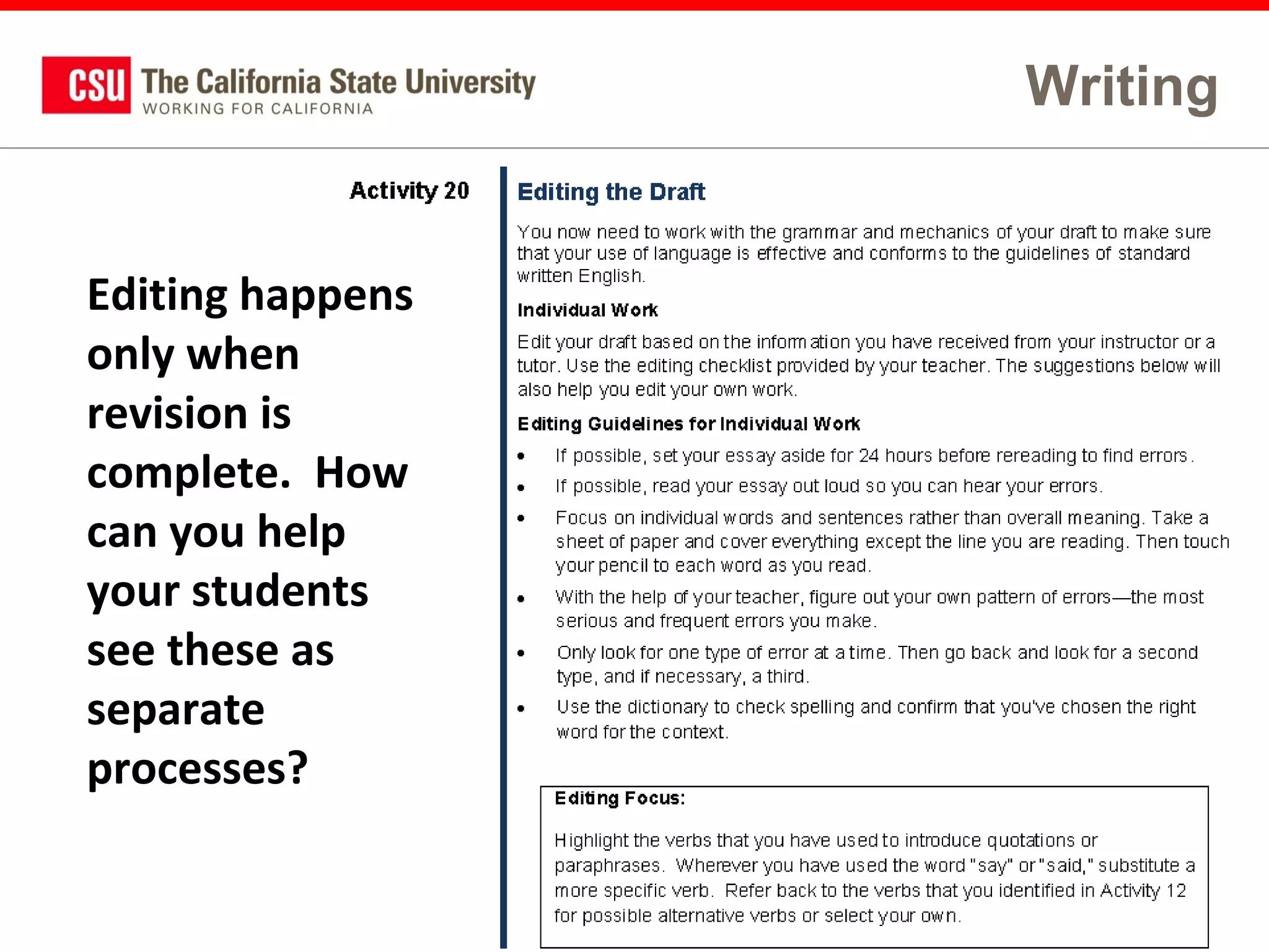 Writing

Editing happens
only when
revision is
complete. How
can you help
your students
see these as
separate
processes?
58

 
