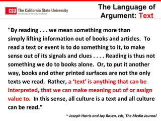 The Language of
Argument: Text
"By reading . . . we mean something more than
simply lifting information out of books and articles. To
read a text or event is to do something to it, to make
sense out of its signals and clues . . . . Reading is thus not
something we do to books alone. Or, to put it another
way, books and other printed surfaces are not the only
texts we read. Rather, a ‘text’ is anything that can be
interpreted, that we can make meaning out of or assign
value to. In this sense, all culture is a text and all culture
can be read."
~ Joseph Harris and Jay Rosen, eds, The Media Journa l

 