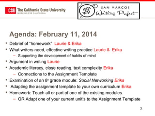 Agenda: February 11, 2014
 Debrief of “homework” Laurie & Erika
 What writers need, effective writing practice Laurie & Erika
– Supporting the development of habits of mind

 Argument in writing Laurie
 Academic literacy, close reading, text complexity Erika
– Connections to the Assignment Template
 Examination of an 8th grade module: Social Networking Erika
 Adapting the assignment template to your own curriculum Erika
 Homework: Teach all or part of one of the existing modules
– OR Adapt one of your current unit’s to the Assignment Template
3

 