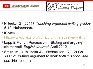  Hillocks, G. (2011) Teaching argument writing grades
6-12. Heinemann.
 iCivics:
http://www.icivics.org/curriculum/persuasive-writing
 Lapp & Fisher, Persuasion = Stating and arguing
claims well. English Journal. April 2012
 Smith, M., J. Wilhelm & J. Redricksen. (2012) Oh
Yeah?! Putting argument to work both in school and
out. Heinemann.
50

 