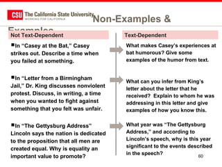 Non-Examples &
Examples
Not Text-Dependent
In “Casey at the Bat,” Casey
strikes out. Describe a time when
you failed at something.

In “Letter from a Birmingham

Jail,” Dr. King discusses nonviolent
protest. Discuss, in writing, a time
when you wanted to fight against
something that you felt was unfair.

In “The Gettysburg Address”

Lincoln says the nation is dedicated
to the proposition that all men are
created equal. Why is equality an
important value to promote?

Text-Dependent
What makes Casey’s experiences at
bat humorous? Give some
examples of the humor from text.

What can you infer from King’s
letter about the letter that he
received? Explain to whom he was
addressing in this letter and give
examples of how you know this.
What year was “The Gettysburg
Address,” and according to
Lincoln’s speech, why is this year
significant to the events described
in the speech?
60

 