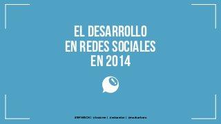 El desarrollo
en redes sociales
en 2014

#SMWBCN. @buzzmn. @eduardcn y @marbarbera.
#SMWBCN | @buzzmn | @eduardcn | @marbarbera

 