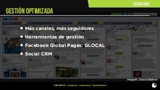 estrategia

gestión optimizada

• Más canales, más seguidores
• Herramientas de gestión
• Facebook Global Pages: GLOCAL
• Social CRM
Imagen: Social Bakers
#SMWBCN | @buzzmn | @eduardcn | @marbarbera

 