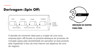 EIXO
INOVAÇÃO DE DENTRO
PARA FORA
A decisão do momento ideal para a criação de uma nova
empresa (spin off) focada no produto-destaque do processo de
inovação passa pela sensibilidade em perceber se esse produto
está impedindo o foco do time interno nos objetivos do core
do negócio.
Derivagem (Spin Off)
 