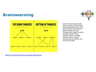 Brainswarming
Quando uma formiga encontra
alguma comida e precisa avisar
suas companheiras sobre o feito,
ela deixa traços de feromônios.
Dessa maneira, as outras
formigas podem seguir os rastros
e também chegar à fonte.
Portanto, esse é um método
eficaz para levar comida e
recursos para as colônias, mas
sem criar confusão.
https://hbr.org/2014/03/why-you-should-stop-brainstorming
 