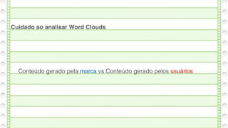 Cuidado ao analisar Word Clouds 
Conteúdo gerado pela marca vs Conteúdo gerado pelos usuários 
 
